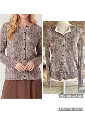 Loft Cardigan Snakeskin Print Pink Brown Sweater S Lightweight Chic Office
